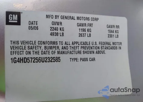 2006 Buick Lucerne Cxl z USA, uszkodzony, nr VIN 1G4HD57256U232585